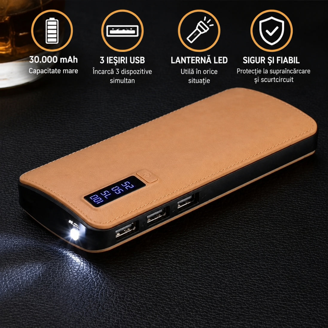 Baterie Externă 30.000 mAh cu 3 Porturi USB și Lanternă LED – Afișaj Digital, Imitație Piele