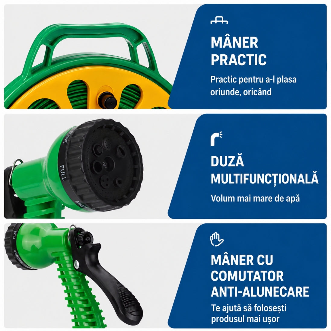 Furtun Textil Flexibil 15M cu Tambur și Pistol 7 în 1 – Udare Ușoară, Depozitare Fără Bătăi de Cap!
