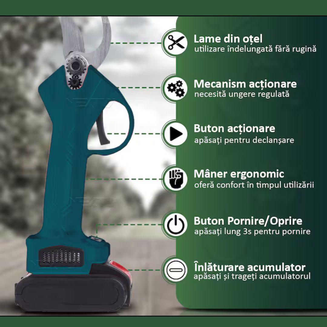 Foarfecă Electrică de Grădină cu 2 Acumulatori de 48V Oțel - Pentru Livezi, Grădini și Vie