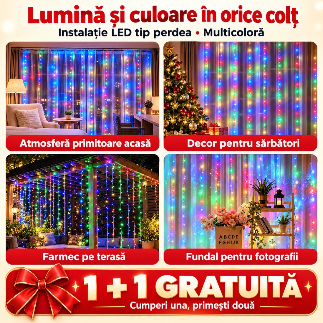 Instalație LED Tip Perdea 3×3 m Multicoloră – 300 LED-uri, Telecomandă