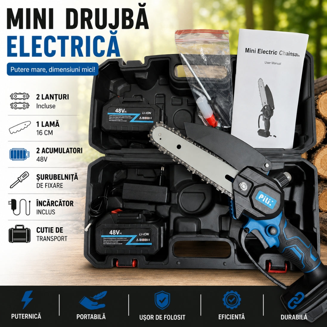 Mini Drujbă Electrică 48V cu UNGERE automata – Puternică, Compactă și Ușor de Folosit în Grădină