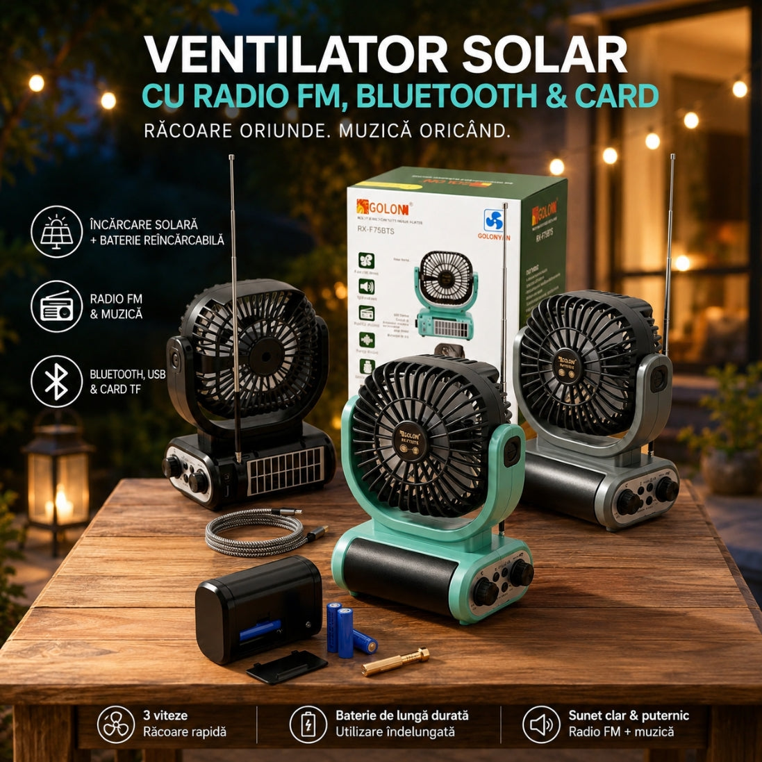 Ventilator Solar Reîncărcabil cu Radio FM, USB și Card TF – Ideal pentru Camping