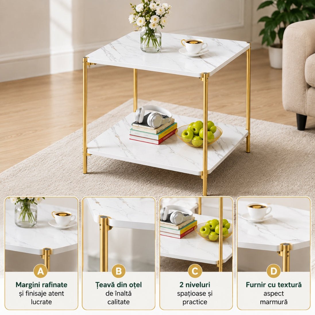 Masă de Cafea Elegantă cu 4 Picioare – Structura Metalica, Design Modern Alb & Auriu cu Raft de Depozitare