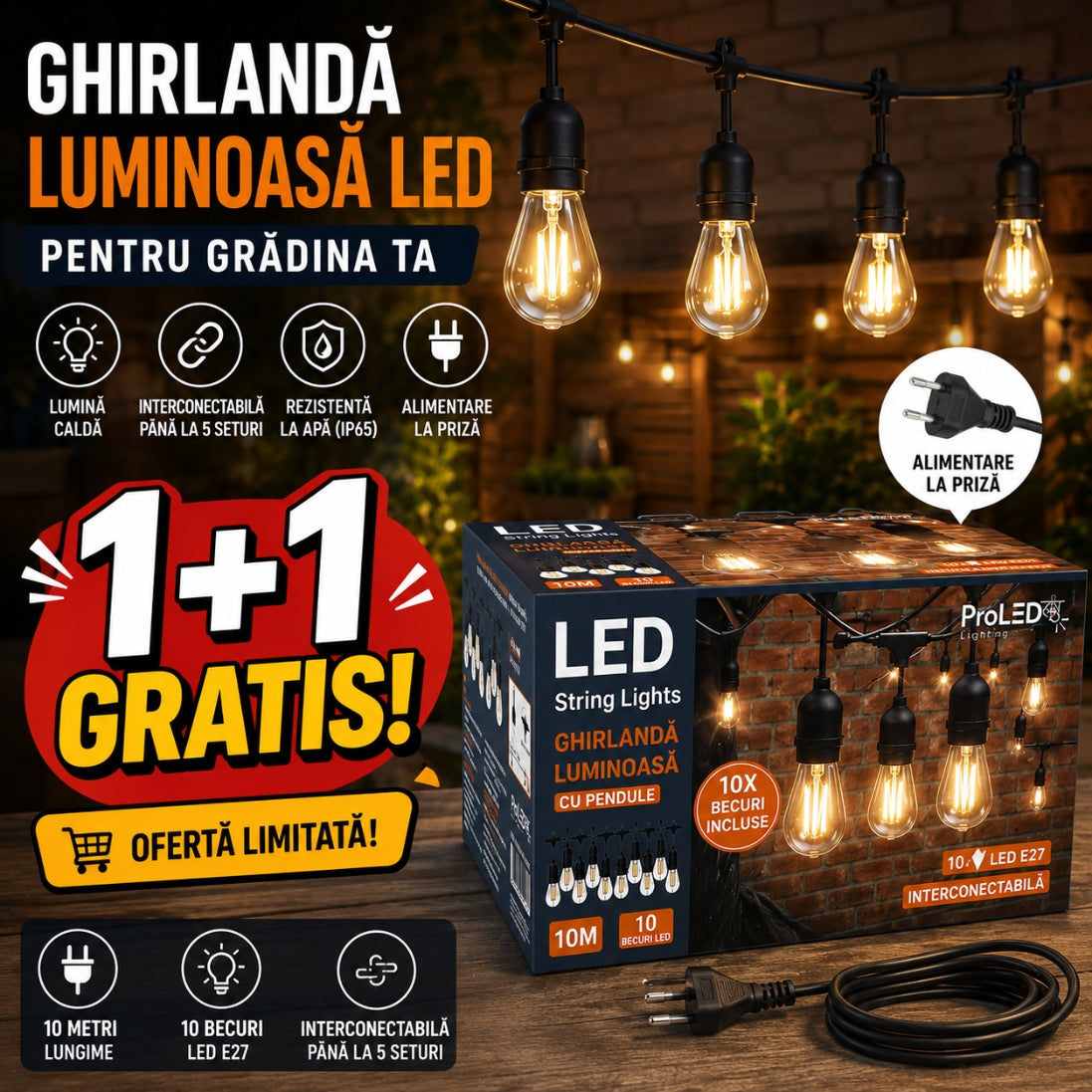 Ghirlandă Luminoasă 10 Metri – Alimentare la Priză, Rezistentă la Intemperii