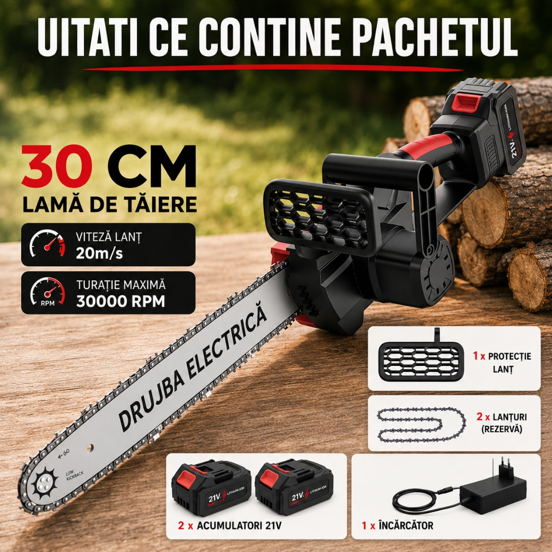Drujbă Electrică cu Acumulator și Lamă de 30 cm – 2 Acumulatori 48V, 2 Lanțuri și Sistem de Ungere