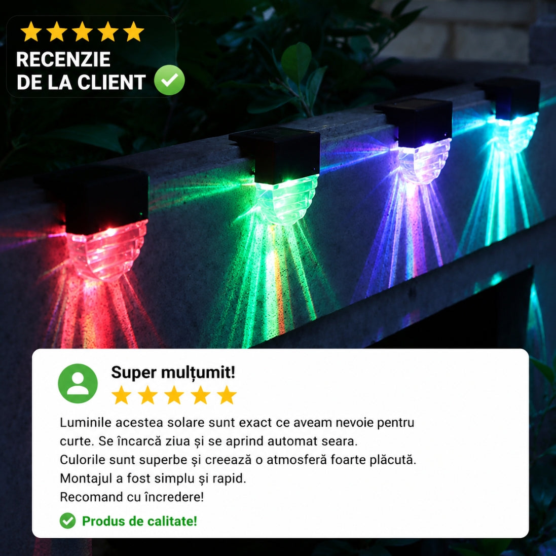 Set 8 Lămpi Solare Multicolore pentru Scări și Trepte – Încărcare Solară, Rezistente la Ploaie, Iluminare Automată