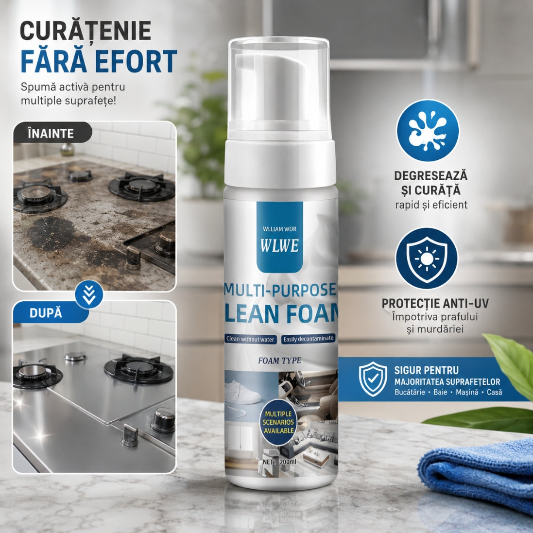 Spumă de Curățare Multisuprafețe – Îndepărtează Grăsimea, Petele, Mizeria și Redă Strălucirea