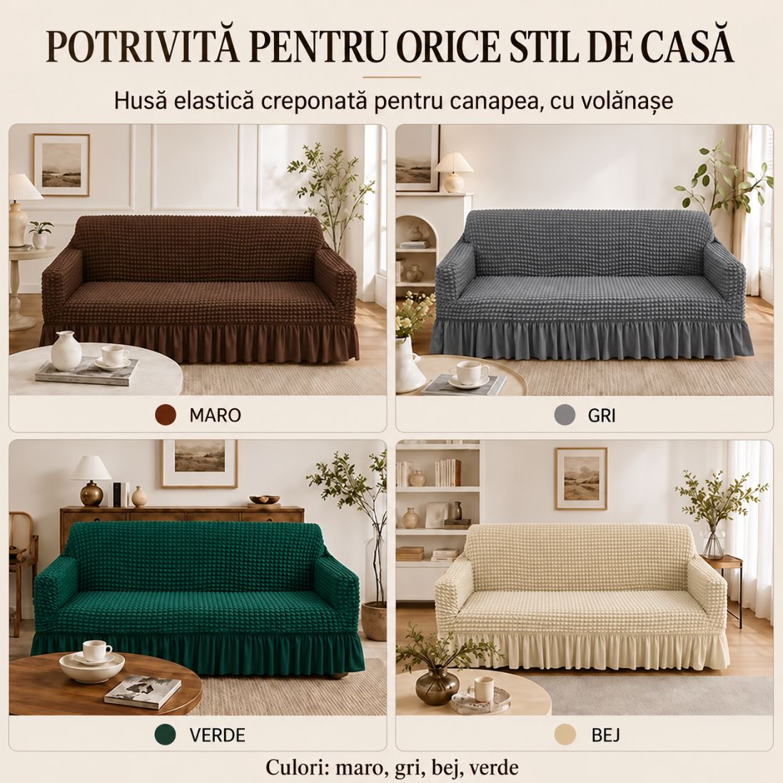 Husă Elastică pentru Canapea 3 Locuri cu Volane – Textură Creponată, Design Elegant