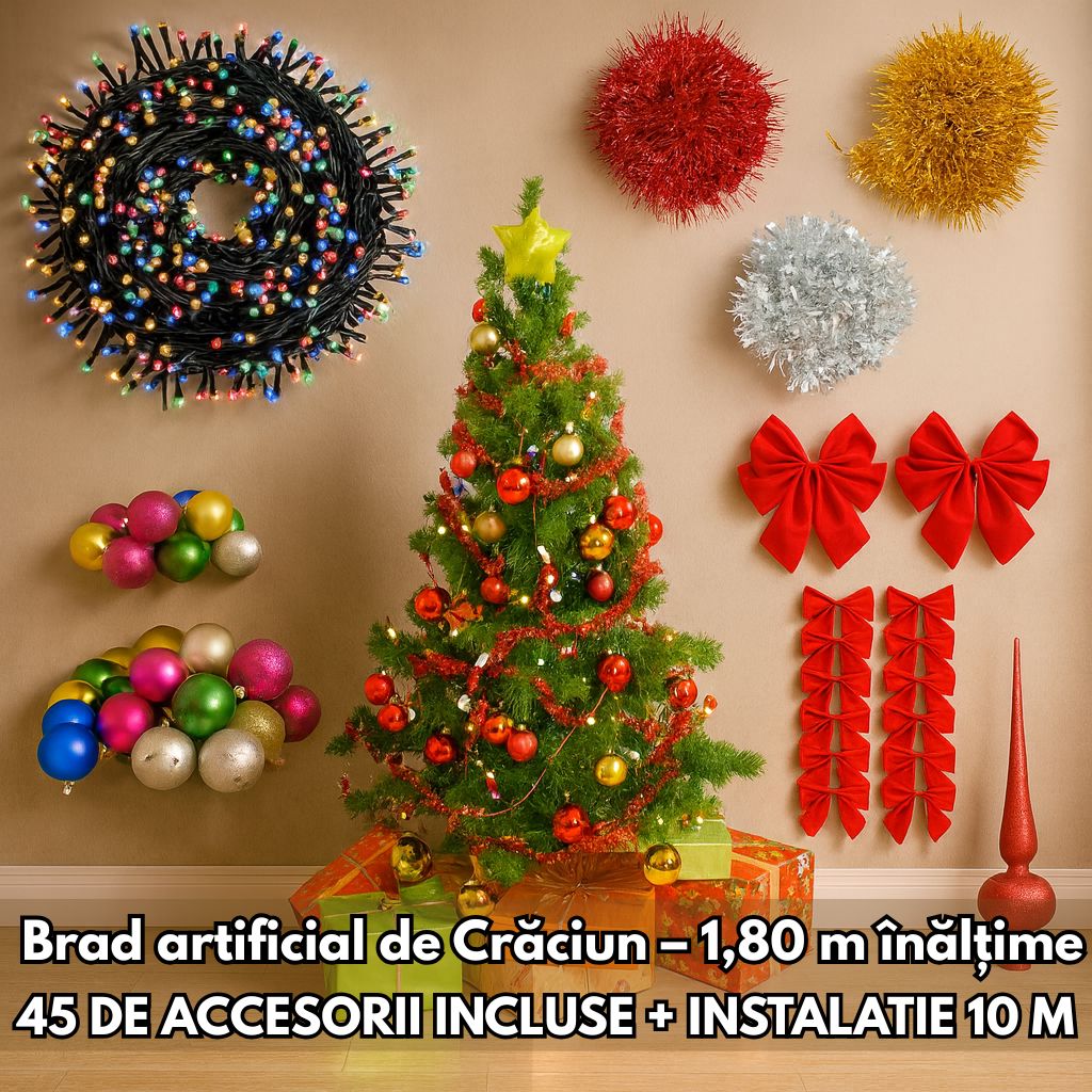 Brad Artificial Crăciun 1.80 m cu 45 Decorațiuni + Instalație LED 10 m – Totul Inclus!
