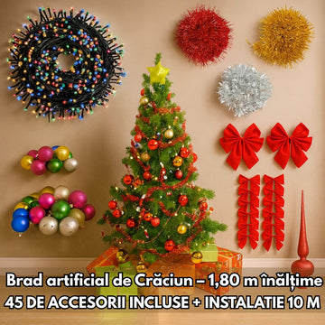 Brad Artificial Crăciun 1.80 m cu 45 Decorațiuni + Instalație LED 10 m – Totul Inclus!