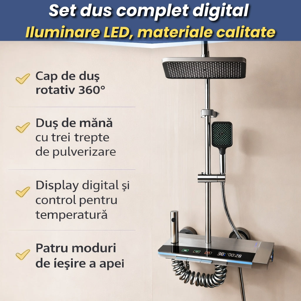 Set Duș Modern Digital cu Iluminare LED și Afișaj al Temperaturii – Design Modern, Confort Maxim