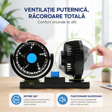 Ventilator Dublu pentru Mașină cu Alimentare la Brichetă 12V – 2 Trepte de Viteză și Rotație 360°
