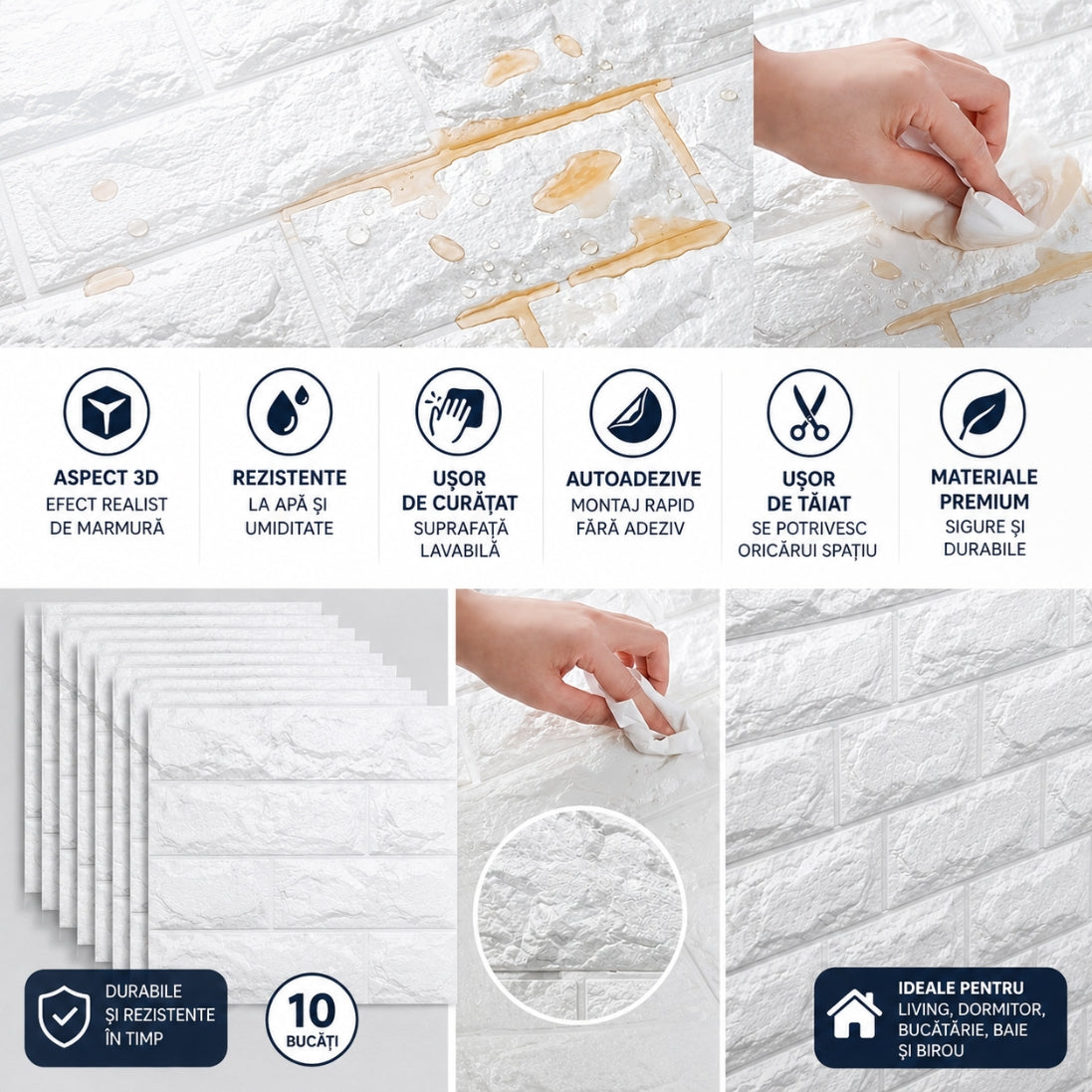 Set 10 Plăci Autoadezive Tip Cărămidă Albă  – Transformă Rapid Orice Spațiu! 60x60 CM