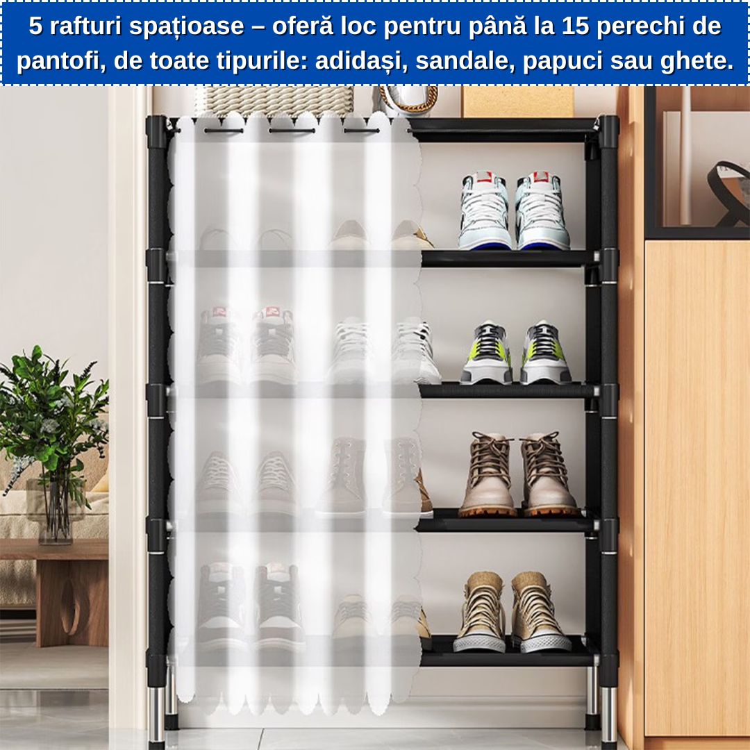 Raft Modern pentru Pantofi, 5 Niveluri Spațioase-Material Textil Respirabil, Ușor de Asamblat