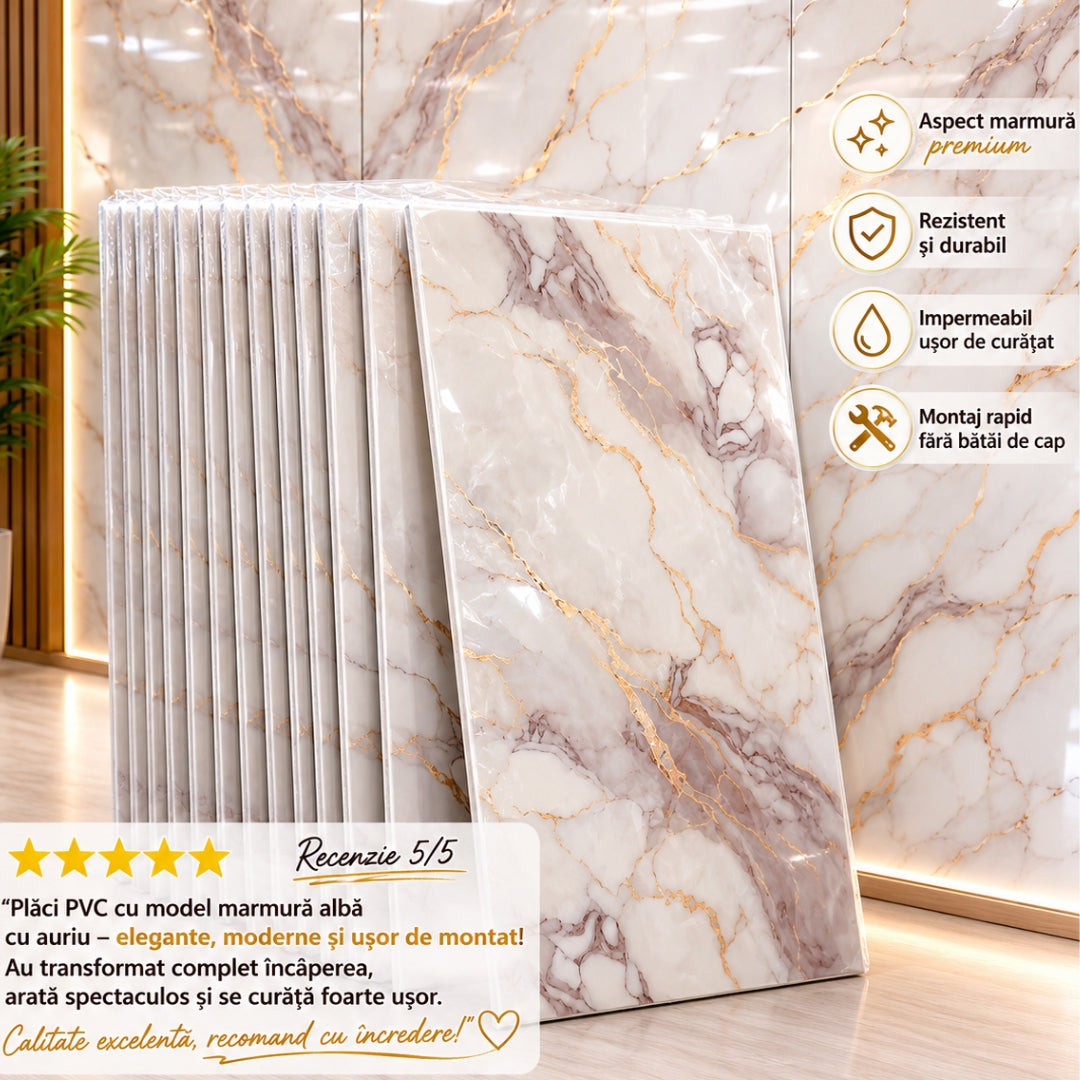 Set 20 Plăci Adezive din PVC 60 × 30 cm – Model Marmură Albă cu Inserții Aurii Elegante
