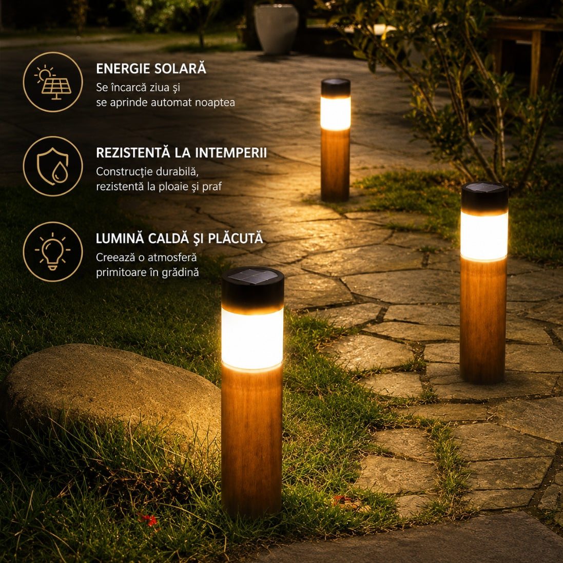 Set 4 Lămpi Solare LED Tip Lemn 38CM – Iluminare Elegantă pentru Curte și Grădină!