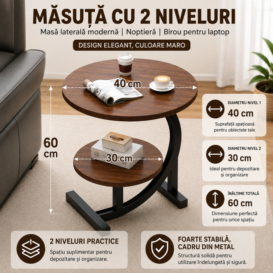 Măsuță Modernă cu 2 Nivele – Cadru Metalic si Lemn. Eleganță și Utilitate în Orice Cameră!