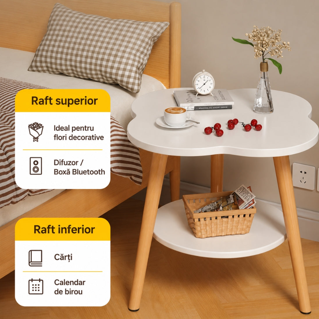 Masa de Cafea in Forma de Floare 50x40x40cm – Blat Alb cu Picioare din Lemn Natural, Design Organic Modern