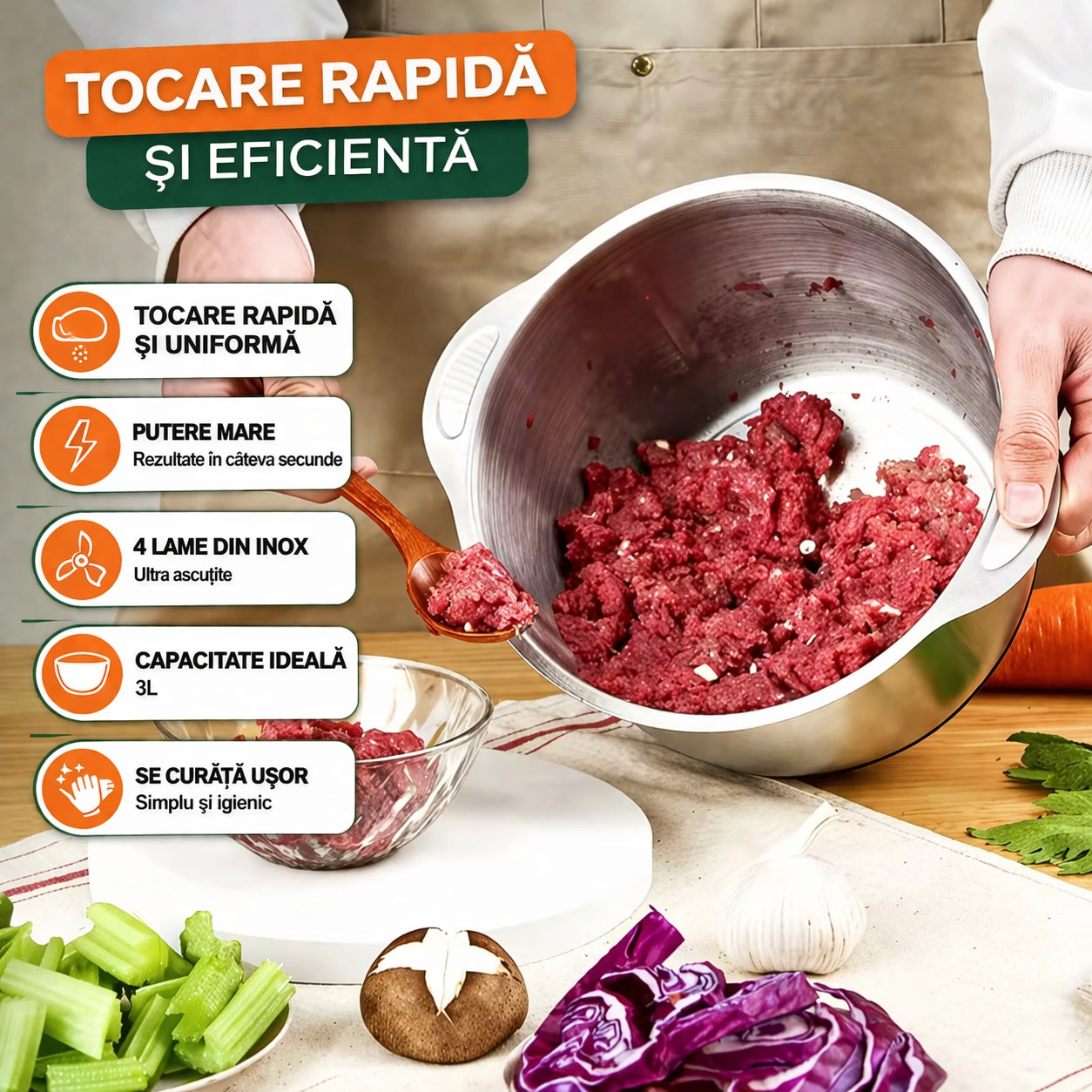 Tocător Profesional 1000W – Bol Inox 3L, Ultra Puternic, Lame Oțel Inoxidabil