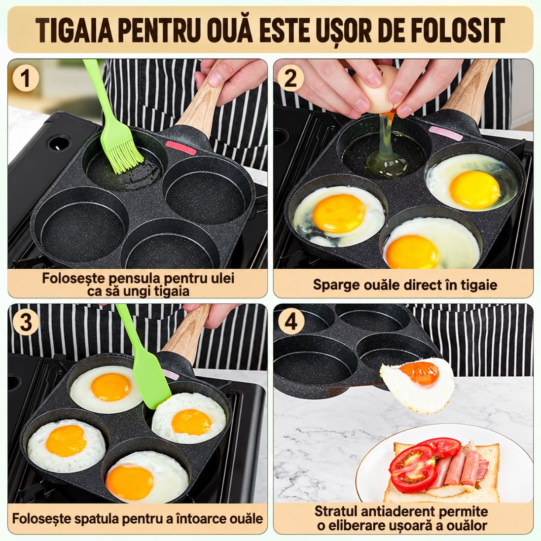 Tigaie cu 4 Compartimente – Aluminiu, Strat Antiaderent și Mâner din Lemn