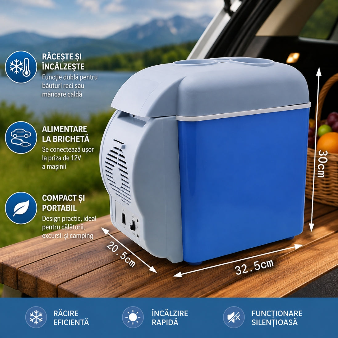 Frigider Auto Portabil 7.5L – Alimentare la Brichetă, Funcție Răcire și Încălzire