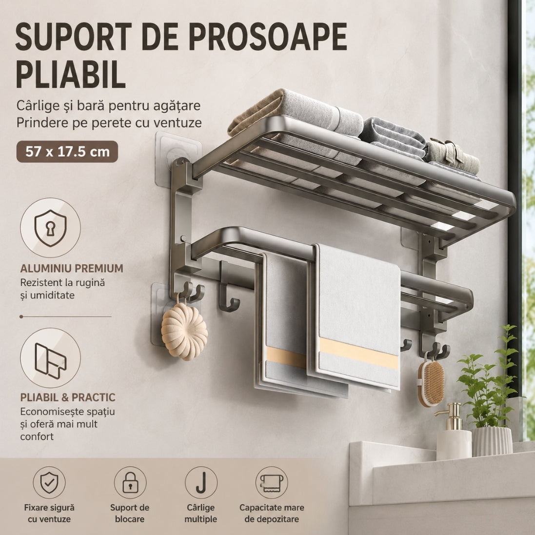 Suport Pliabil pentru Prosoape din Aluminiu Premium – Cu Cârlige și Ventuze