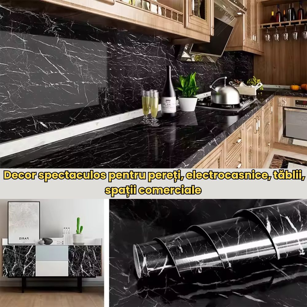Folie Autocolantă Marmură Neagră/Alba – 60x300 cm, Rezistentă & Realistă
