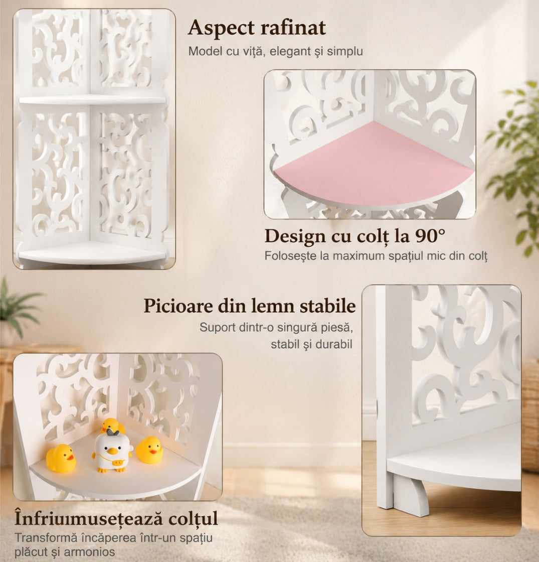 Etajeră de Colț din Lemn – Eleganță și Organizare pentru Orice Încăpere
