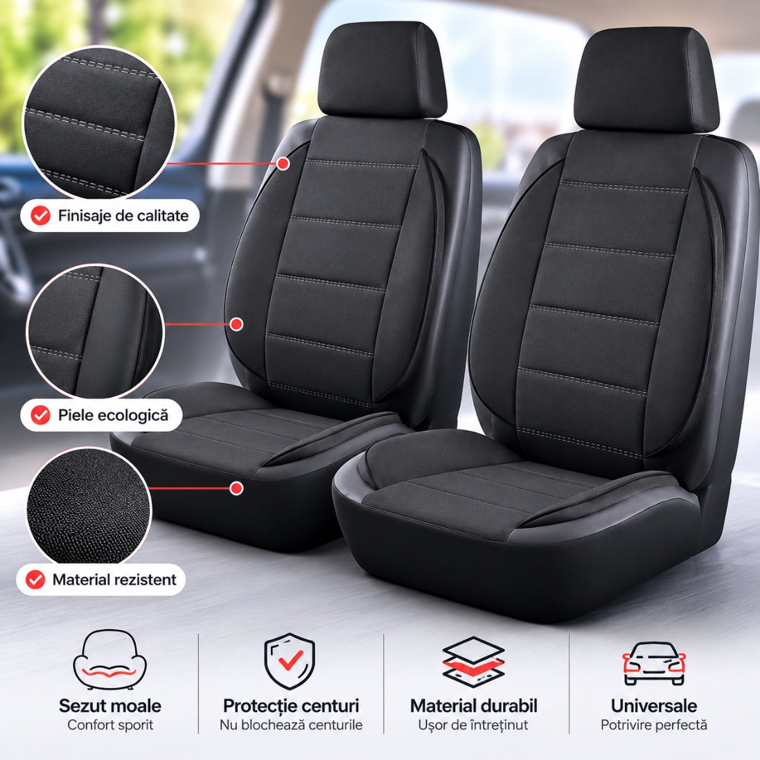 Set Huse Universale pentru Scaune Auto – Sezut Moale și Protecție pentru Centuri