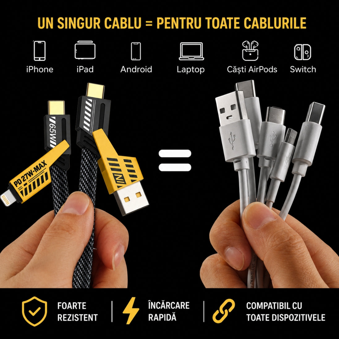 Cablu Incarcare Rapida 4 în 1 – Un Singur Cablu pentru Toate Dispozitivele