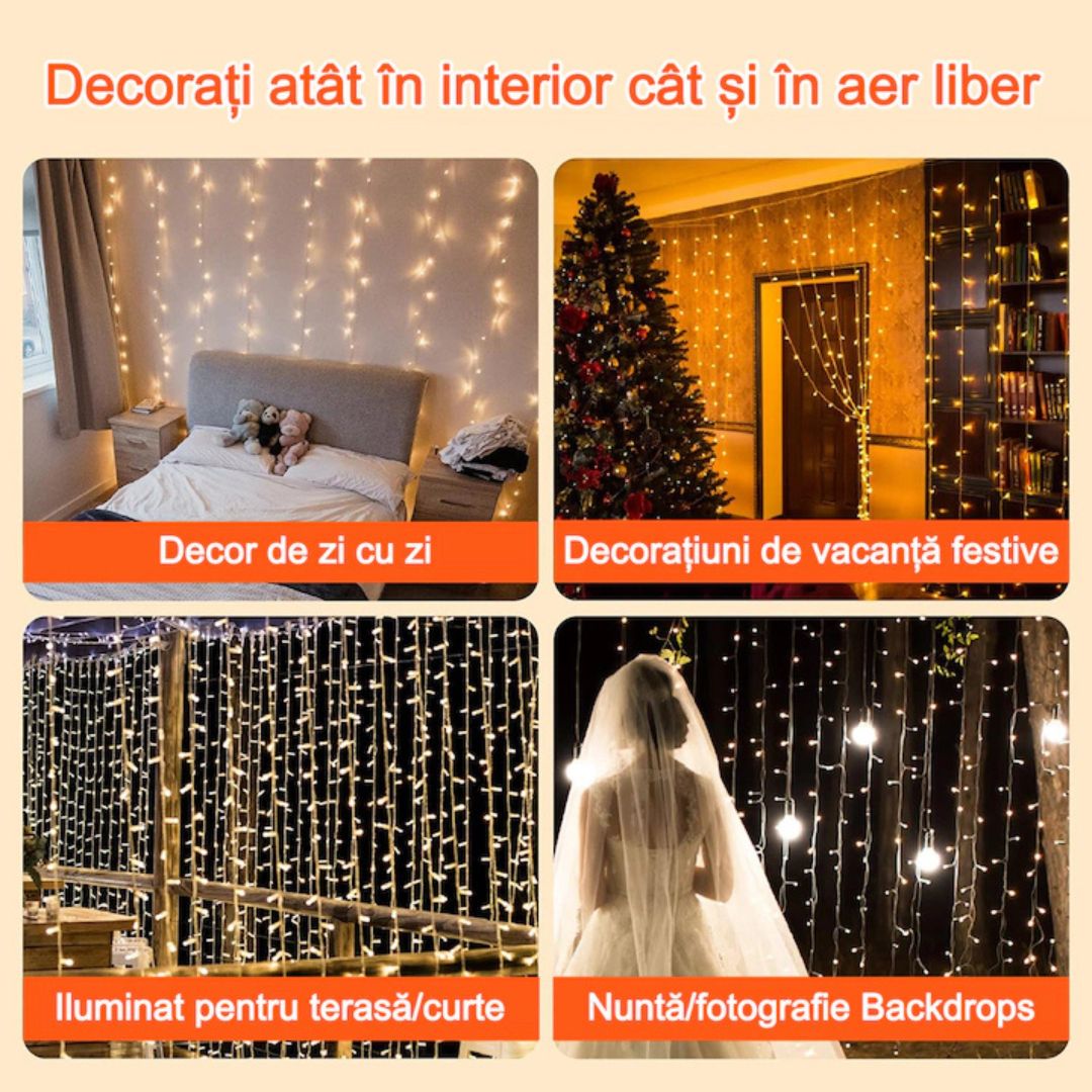 Instalație Tip Perdea LED 3x3m Alb Cald – Telecomandă, 300 LED-uri