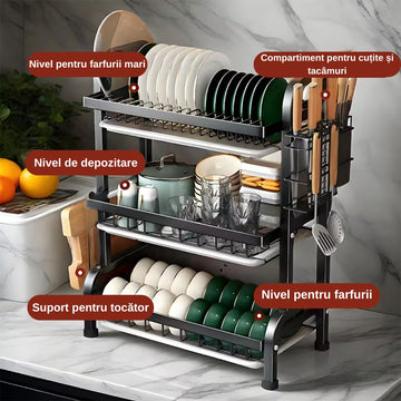Suport pentru Vase cu 3 Niveluri – Organizator Modern pentru Bucătărie din Metal