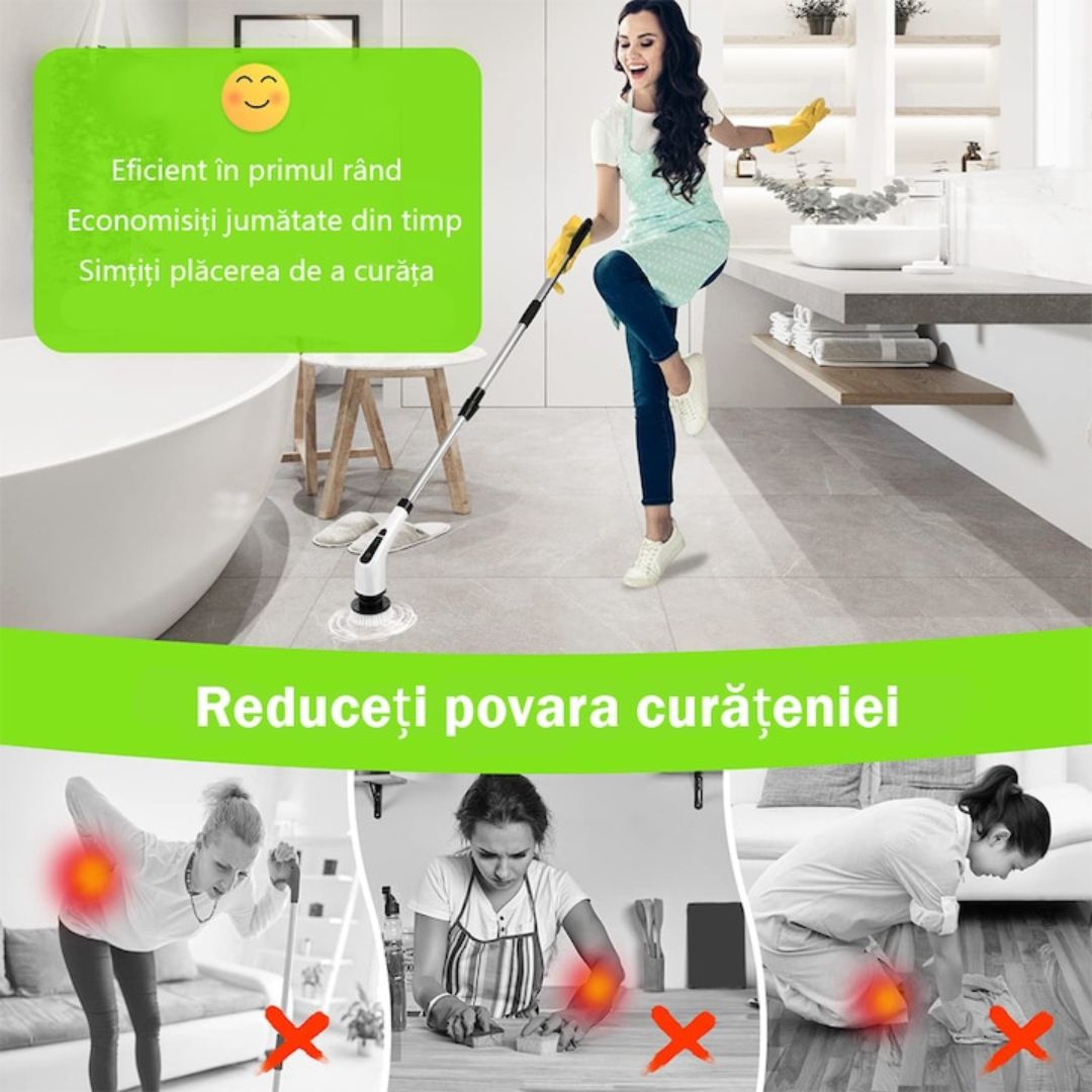 Perie Electrică Rotativă 9 în 1 - 9 capete inlocuibile, 2 viteze reglabile si mâner telescopic