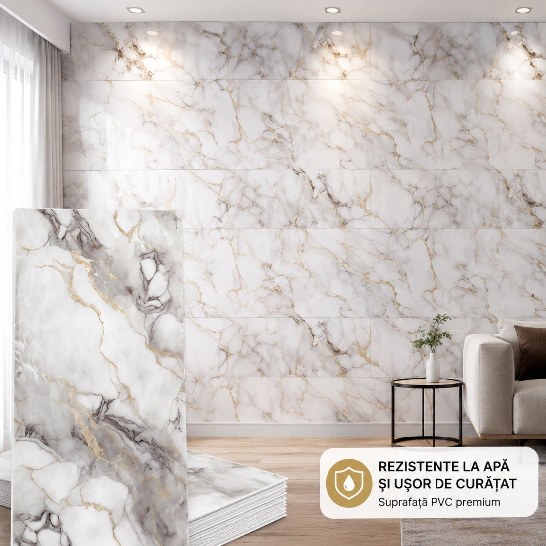 Set 20 Plăci Adezive din PVC 60 × 30 cm – Model Marmură Albă cu Inserții Aurii Elegante