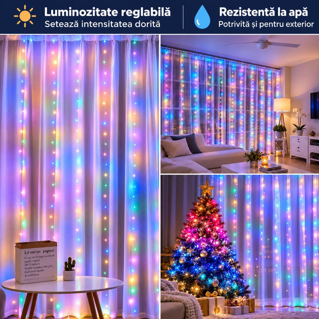 Instalație LED Tip Perdea 3×3 m Multicoloră – 300 LED-uri, Telecomandă