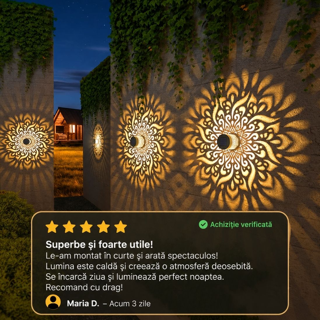 Set 6 Lămpi Solare de Perete – Design Mandala, Lumină Caldă și Decorativă