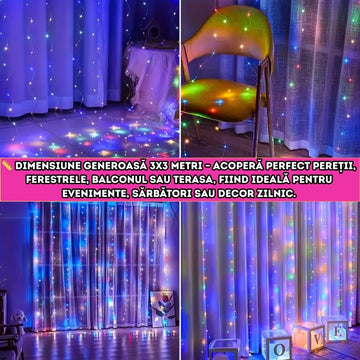 Instalație tip perdea LED 3m x 3m - MULTICOLORA, 300 LED-uri, telecomandă, 8 moduri
