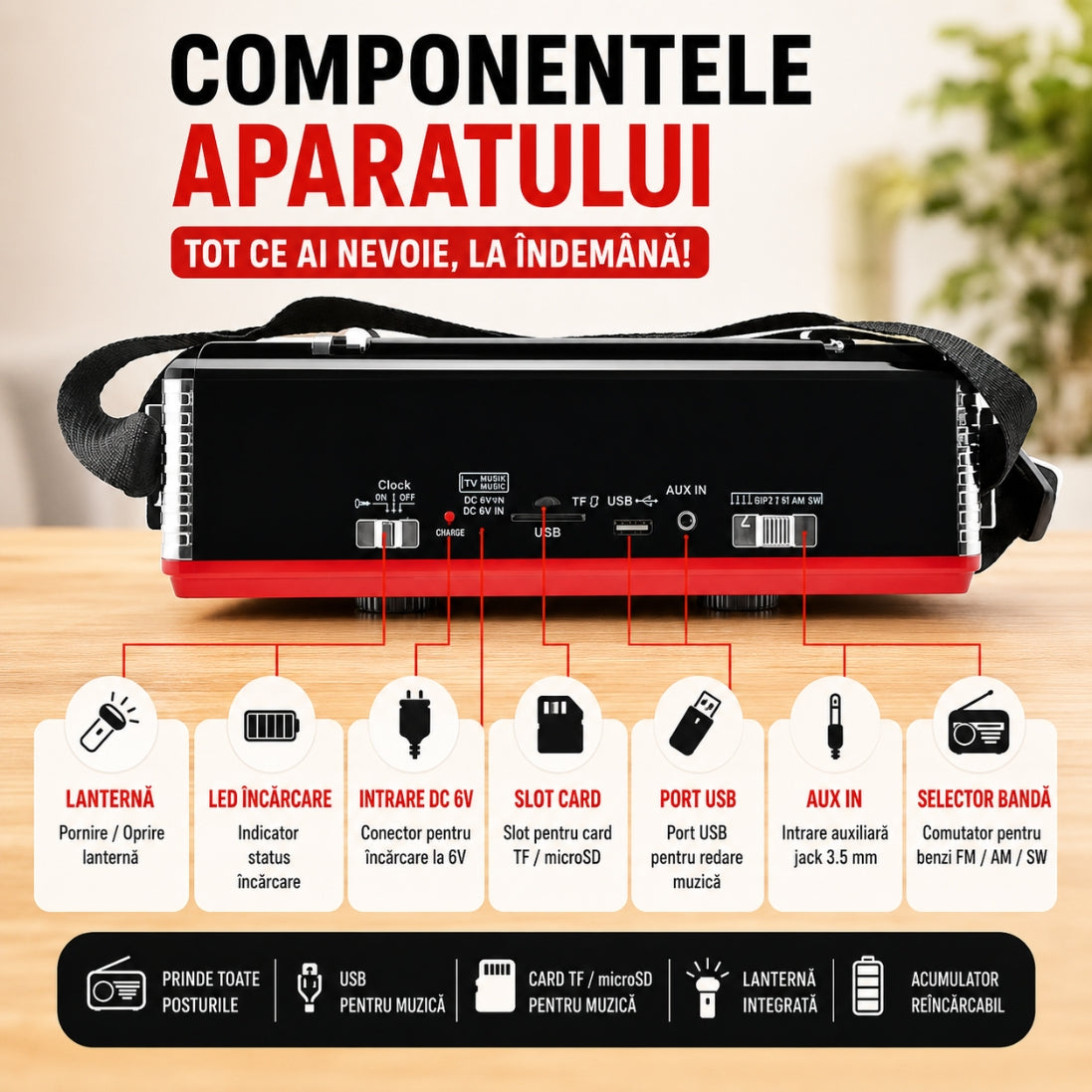 Radio Portabil cu Ceas, USB, MicroSD și Lanternă – FM / AM / SW, Baterie Reîncărcabilă