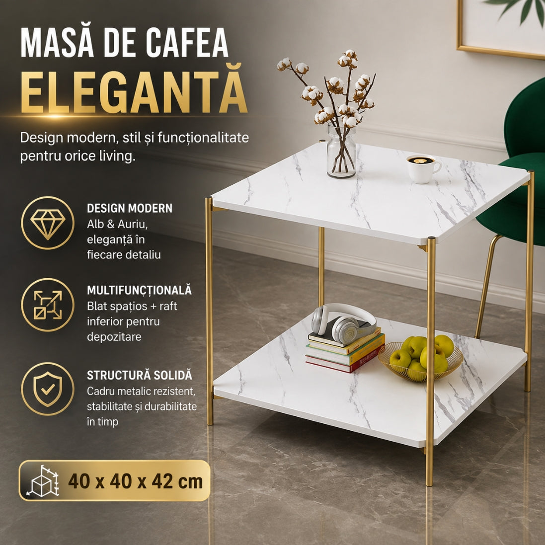 Masă de Cafea Elegantă cu 4 Picioare – Structura Metalica, Design Modern Alb & Auriu cu Raft de Depozitare