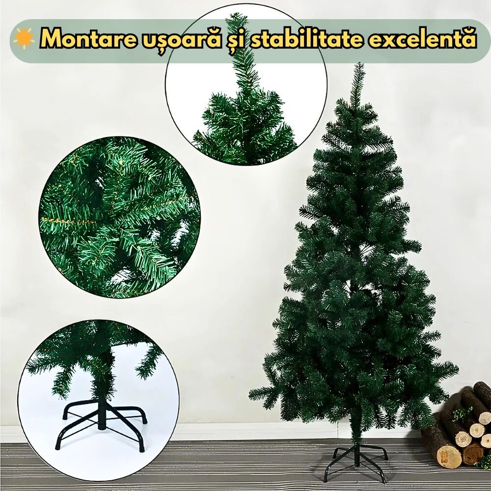 Brad Artificial Crăciun 1.80 m cu 45 Decorațiuni + Instalație LED 10 m – Totul Inclus!