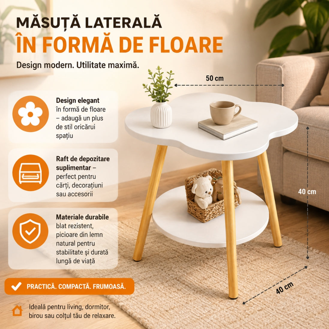 Masa de Cafea in Forma de Floare 50x40x40cm – Blat Alb cu Picioare din Lemn Natural, Design Organic Modern
