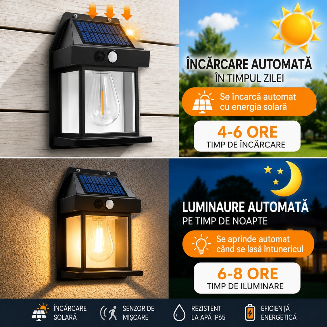 Set 5 Lămpi Solare Tip Felinar cu Senzor de Mișcare – Iluminare LED pentru Exterior