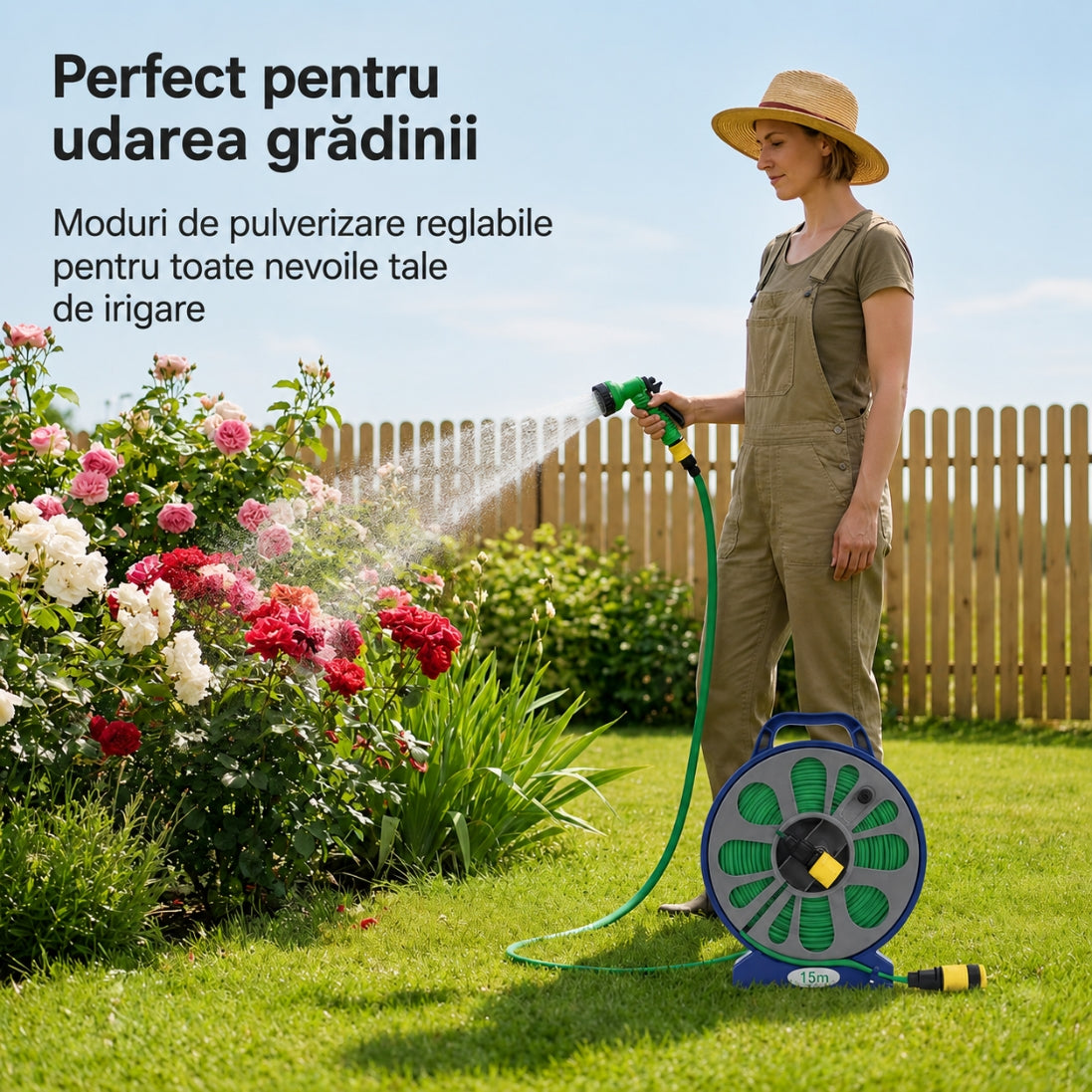 Furtun Textil Flexibil 15M cu Tambur și Pistol 7 în 1 – Udare Ușoară, Depozitare Fără Bătăi de Cap!