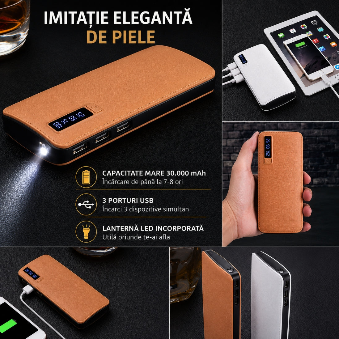 Baterie Externă 30.000 mAh cu 3 Porturi USB și Lanternă LED – Afișaj Digital, Imitație Piele
