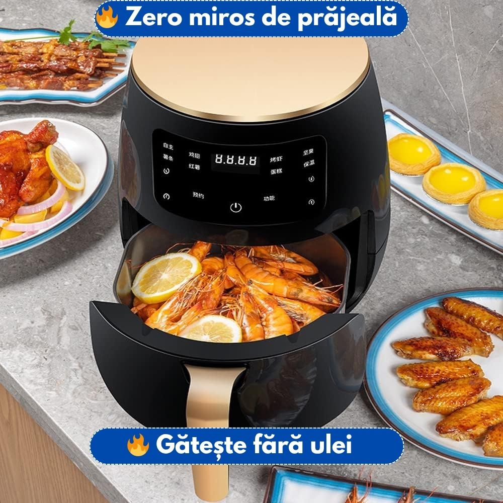 Friteuză cu Aer Cald + 50 Hârtii Cadou – Gătit Fără Ulei & Fără Mizerie