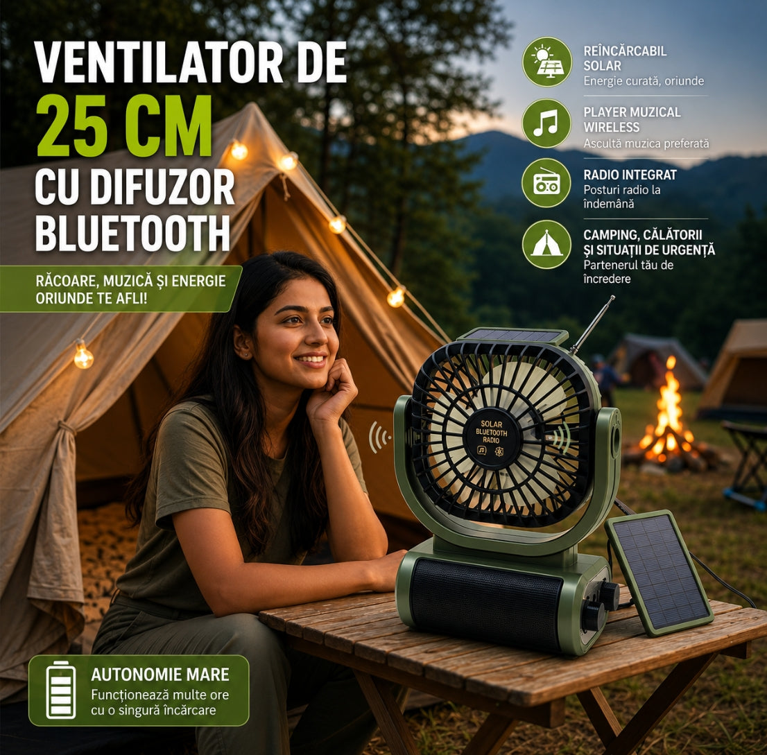 Ventilator Solar Reîncărcabil cu Radio FM, USB și Card TF – Ideal pentru Camping