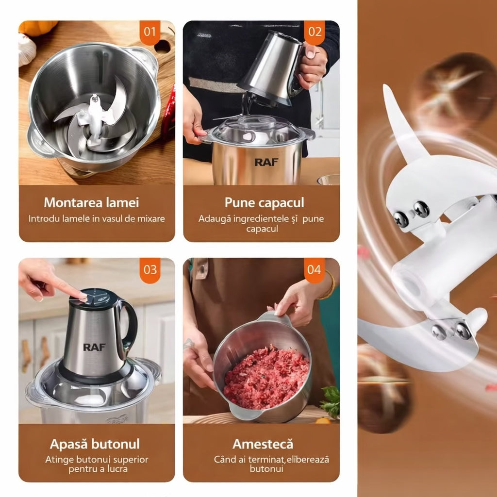 Tocător Profesional 1000W – Bol Inox 3L, Ultra Puternic, Lame Oțel Inoxidabil