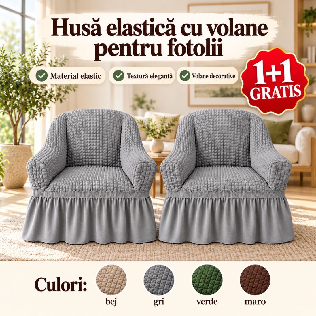 Huse pentru Fotolii cu Textură Creponată și Volane – 2 Bucăți la Preț de Una