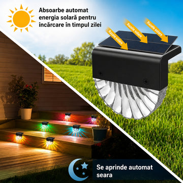 Set 8 Lămpi Solare Multicolore pentru Scări și Trepte – Încărcare Solară, Rezistente la Ploaie, Iluminare Automată