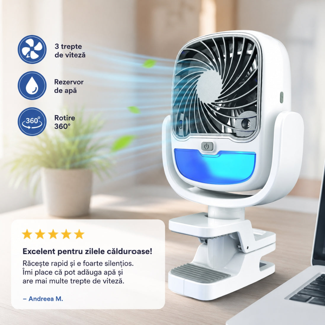 Ventilator Portabil cu Apă și Abur – 3 Viteze, Rotire 360° și Clemă de Prindere
